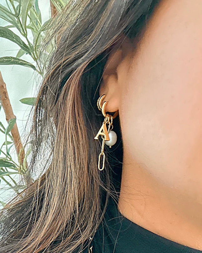 Initial + Pearl Link Charm Earrings